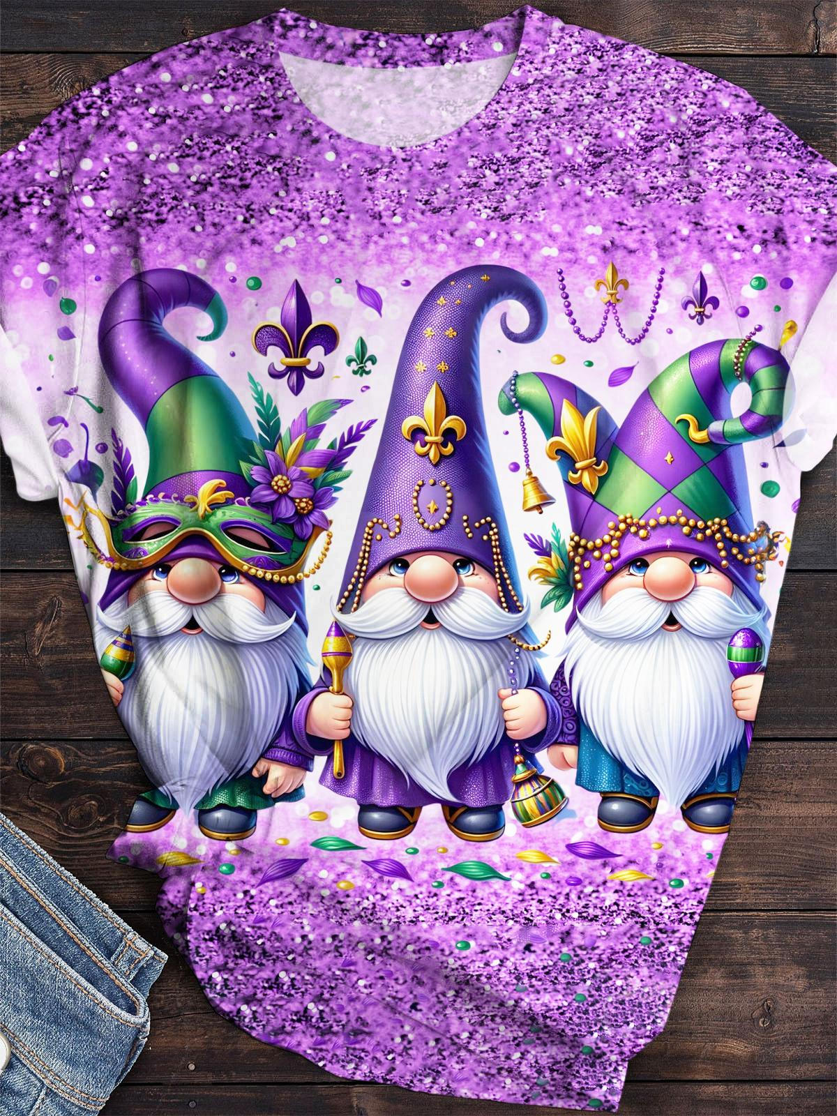 Mardi Gras Gnome Glitter Print Crew Neck T-Shirt multicolor / S Mardi Gras