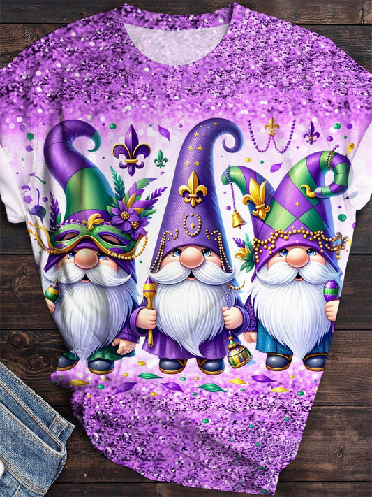 Mardi Gras Gnome Glitter Print Crew Neck T-Shirt multicolor / S Mardi Gras