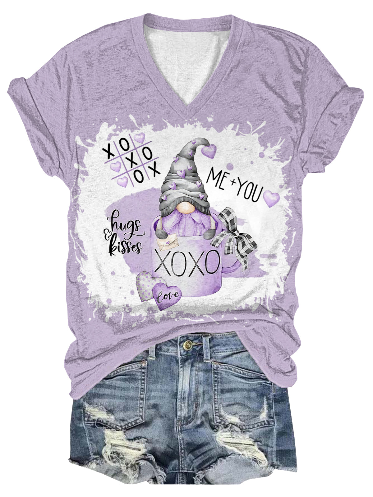 Women Valentines XOXO Gnome Print V-Neck Multicolor T-Shirt Purple / S Saint Valentin