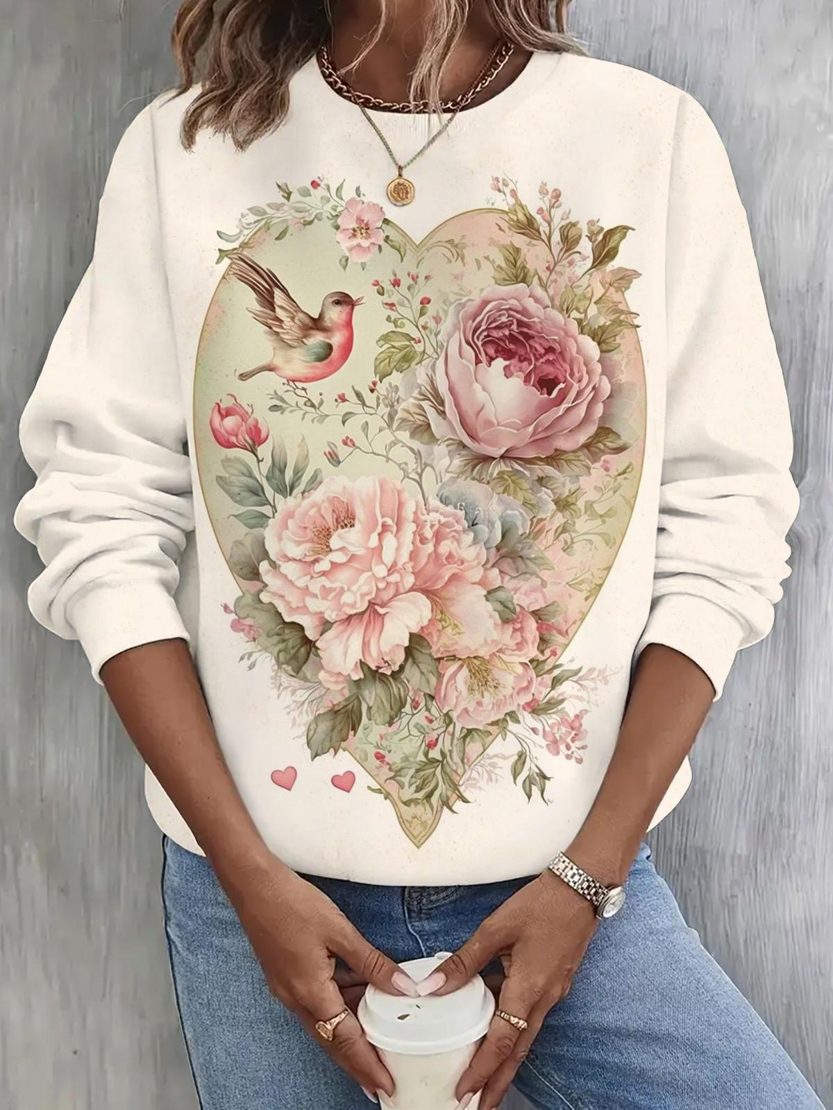 Retro Valentine’s Day Floral Long Sleeve Casual Top As Picture / S Saint Valentin