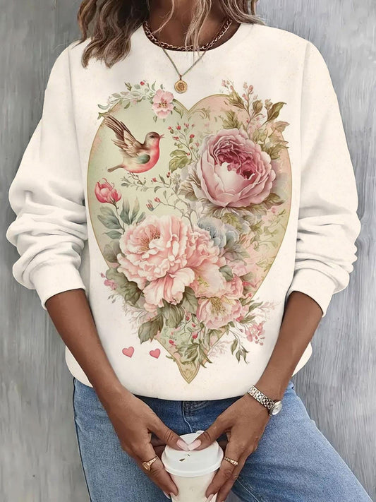 Retro Valentine’s Day Floral Long Sleeve Casual Top As Picture / S Saint Valentin
