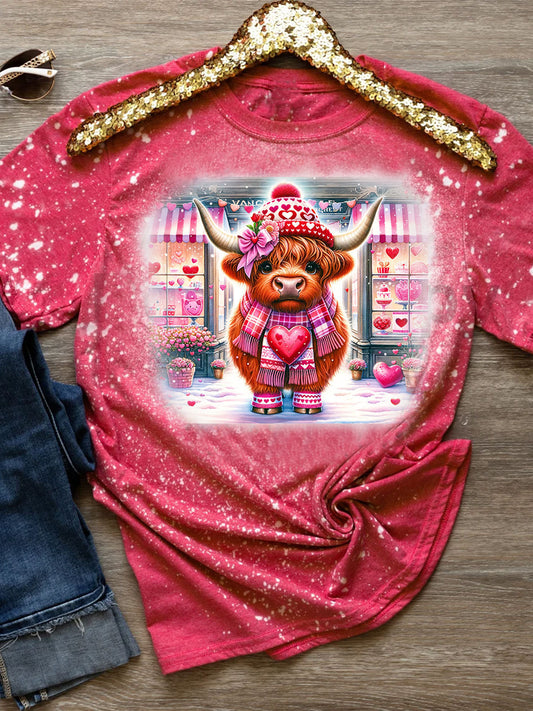 Highland Cow Valentines Day Print Crew Neck T-shirt Mixed Color / S Saint Valentin