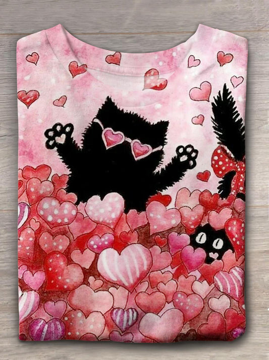 Valentine Cat Crew Neck T-shirt Mixed Color / S Saint Valentin