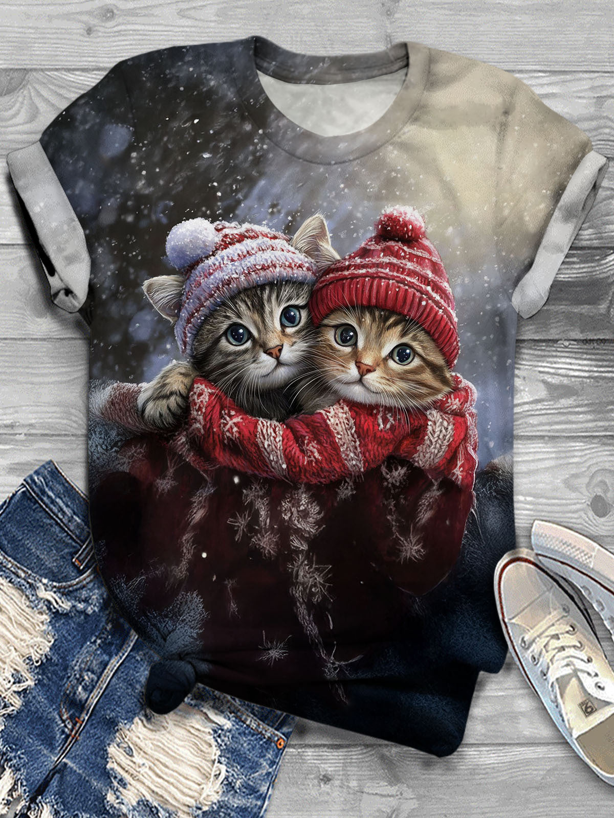 Women’s Valentine’s Day Cute Cat Couple Print Casual T-shirt Mixed Color / S Saint Valentin