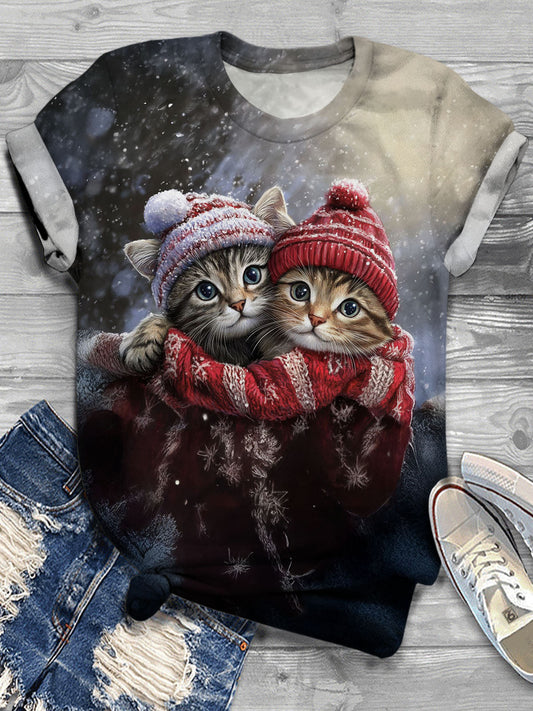 Women’s Valentine’s Day Cute Cat Couple Print Casual T-shirt Mixed Color / S Saint Valentin