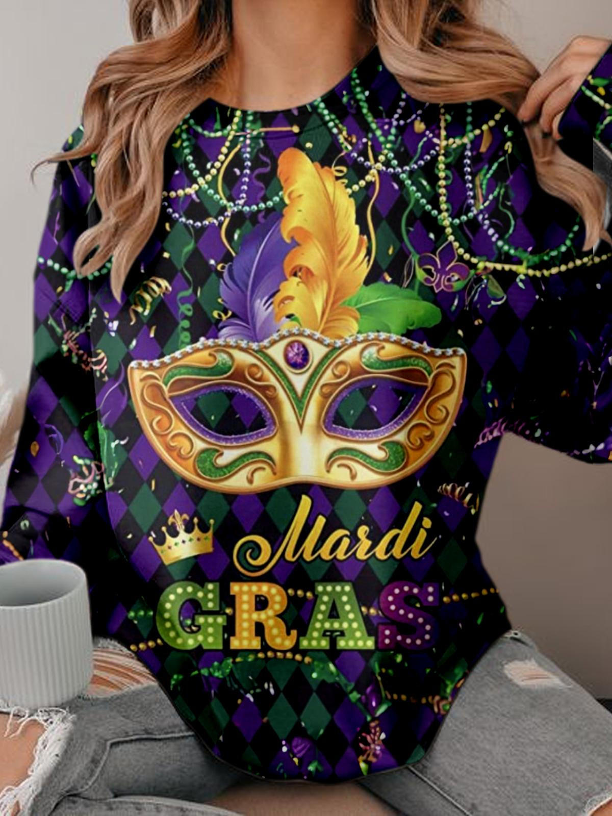 Mardi Gras Mask Plaid Long Sleeve Top multicolor / S Mardi Gras