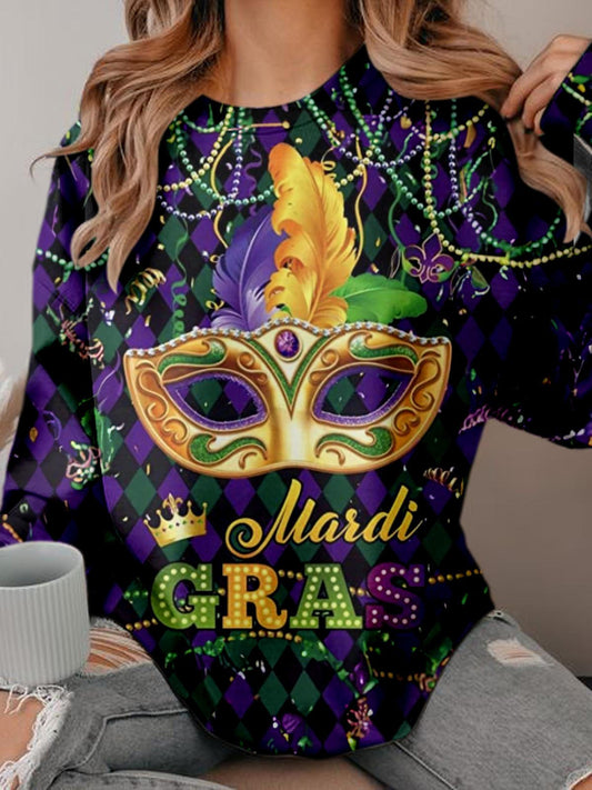 Mardi Gras Mask Plaid Long Sleeve Top multicolor / S Mardi Gras