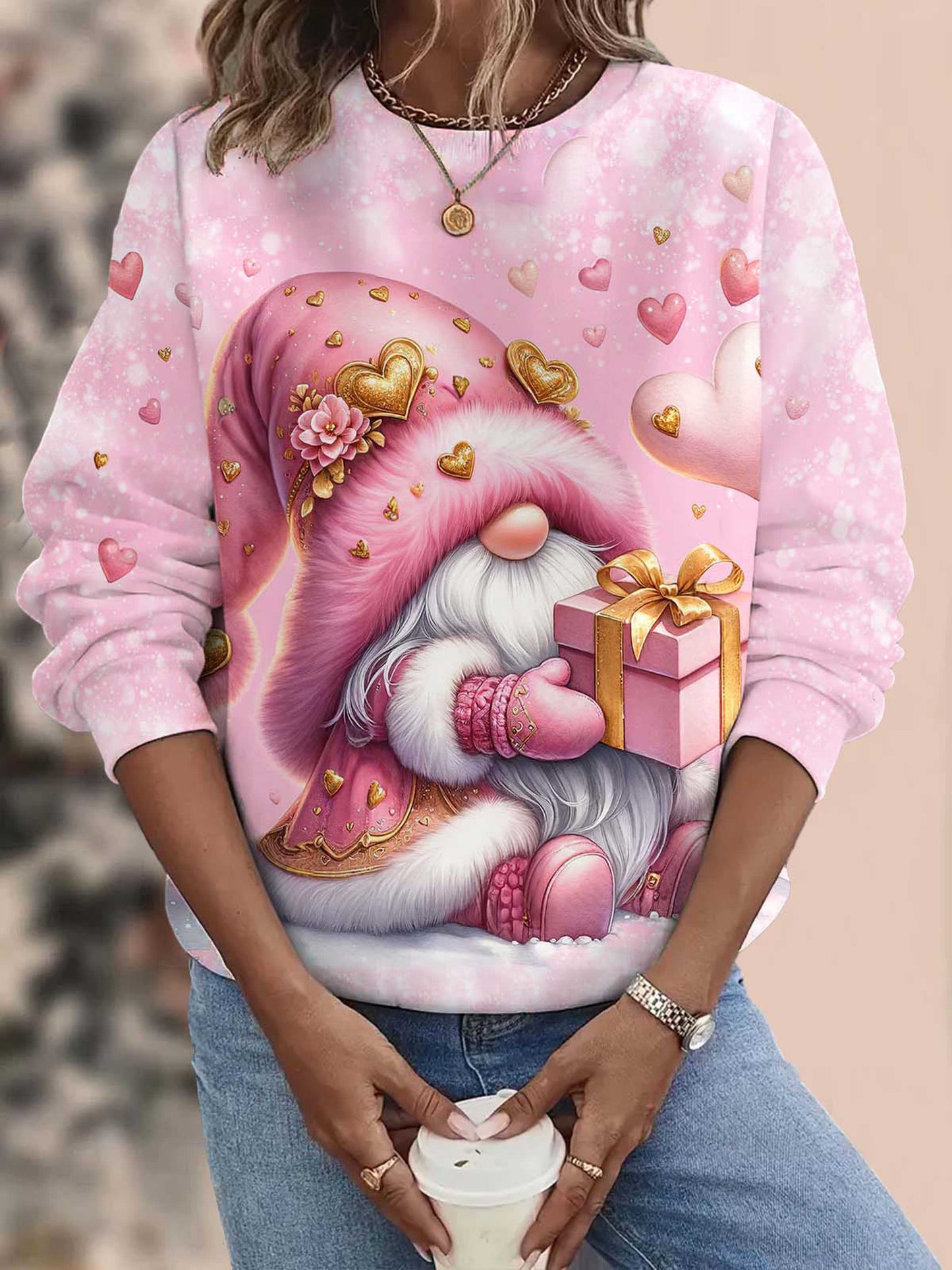 Women’s Heart Gnome Round Neck Long Sleeve Top multicolor / S Saint Valentin