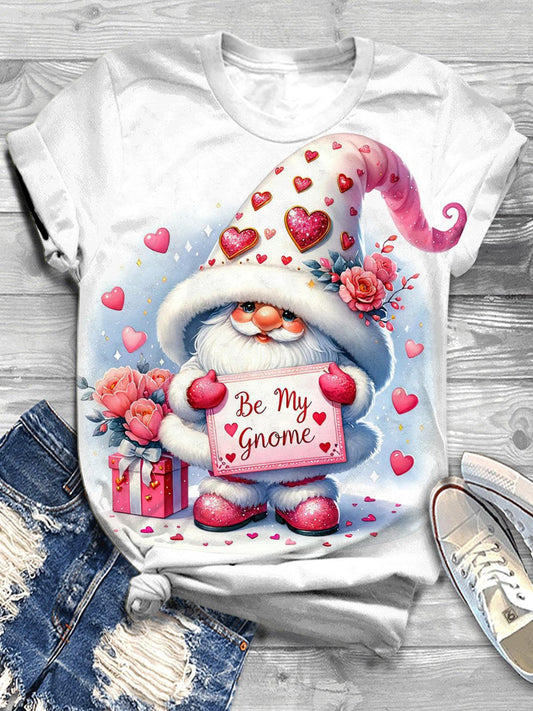 Valentines Gnome Print Crew Neck T-shirt White / S Saint Valentin