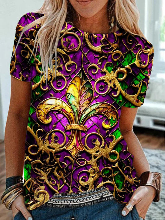 Stained Glass Mardi Gras Sign Crew Neck T-shirt Mixed Color / S Mardi Gras