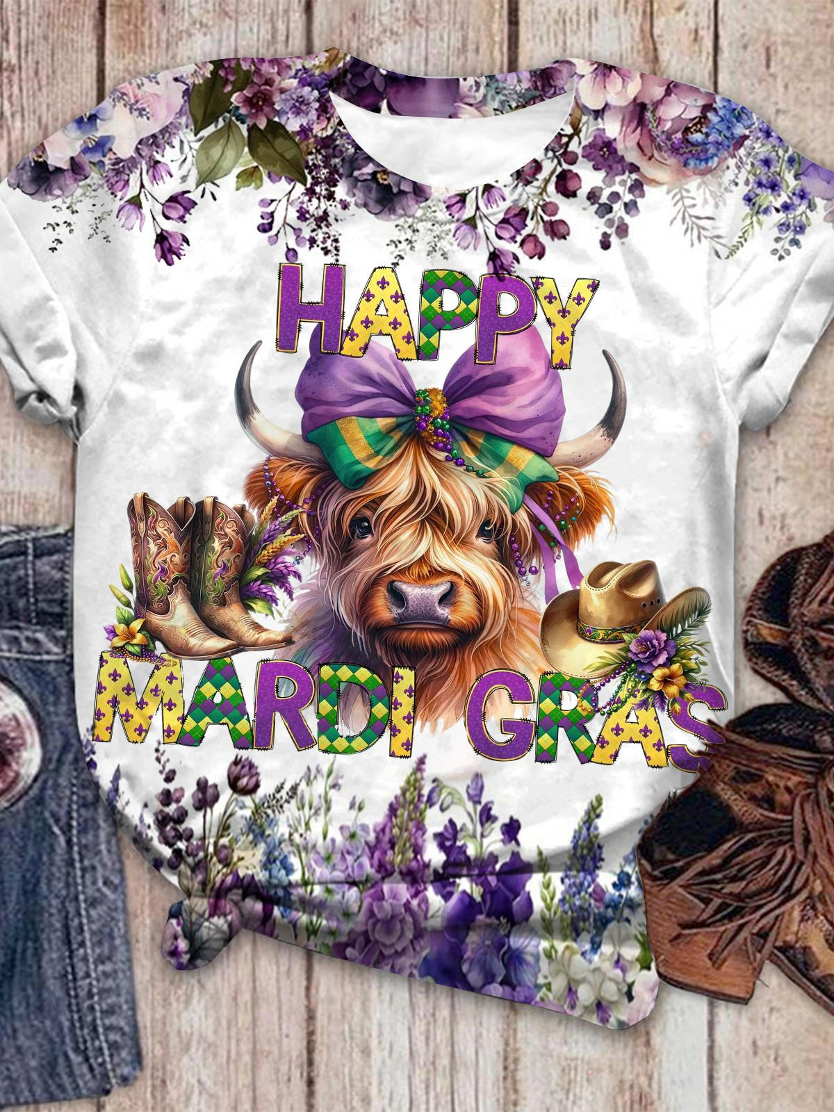 Happy Mardi Gras Highland Cow Crew Neck T-shirt Mixed Color / S Mardi Gras