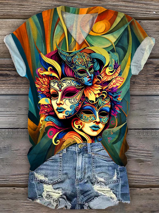 Mardi Gras Retro Mask V-Neck T-Shirt multicolor / S Mardi Gras