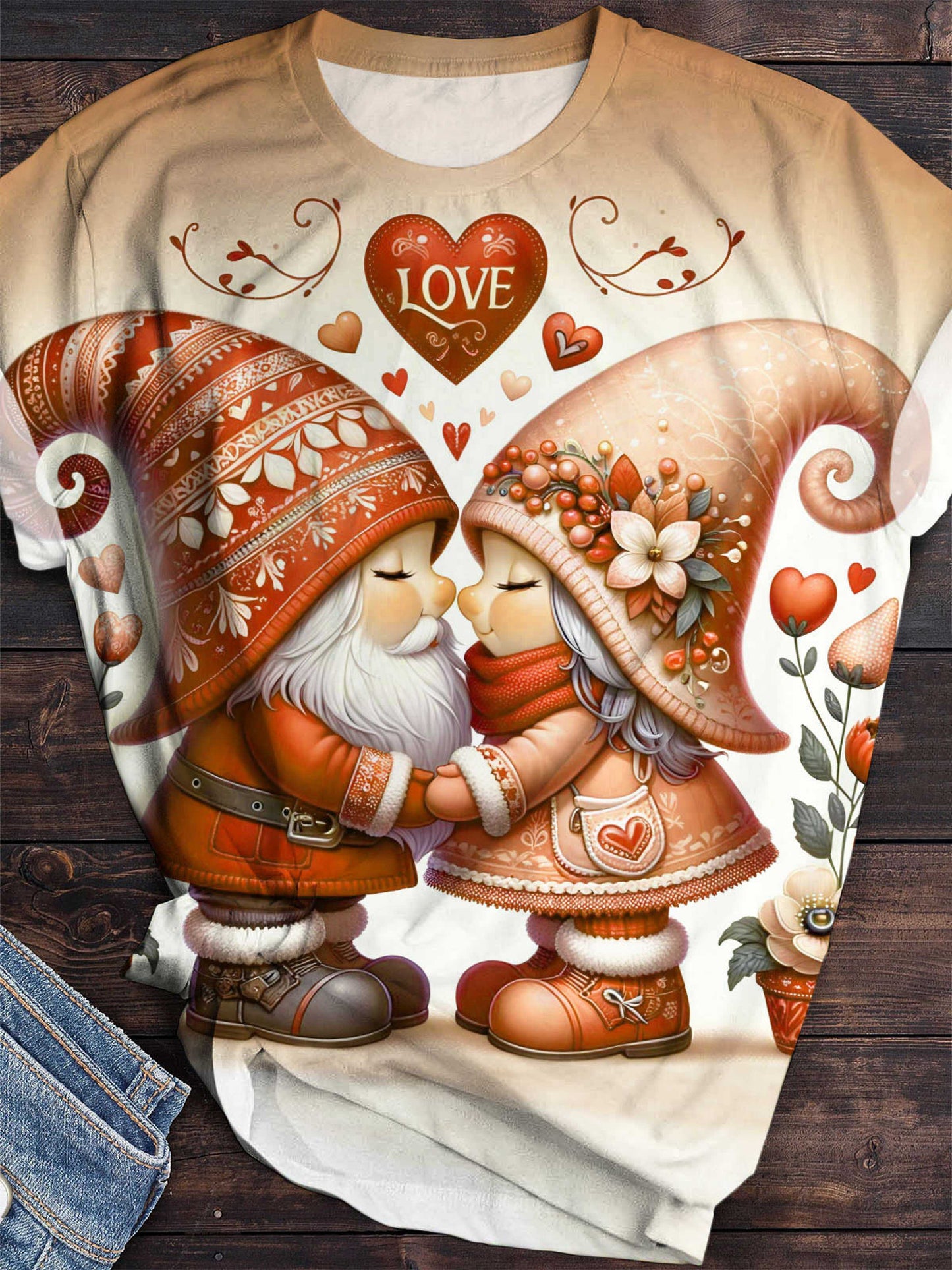 Valentine Love Gnomes Print Crew Neck T-Shirt Orange / S Saint Valentin