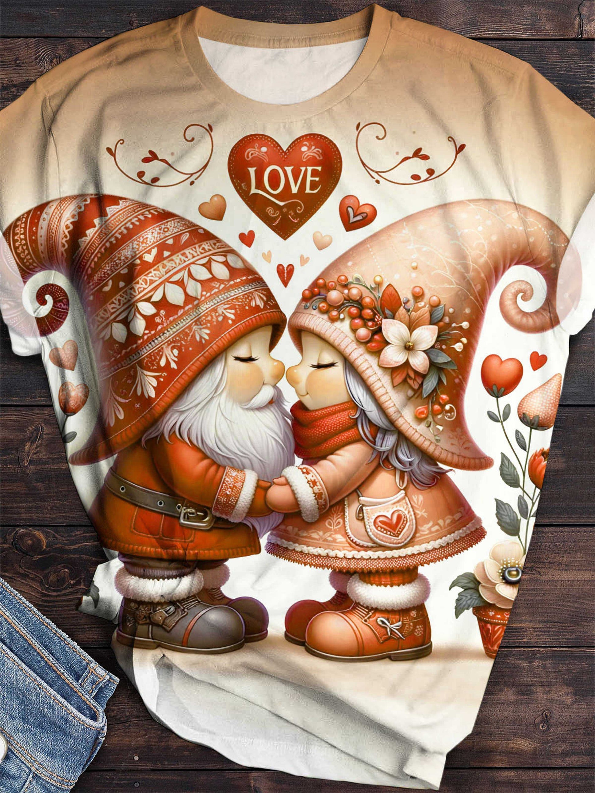 Valentine Love Gnomes Print Crew Neck T-Shirt Orange / S Saint Valentin