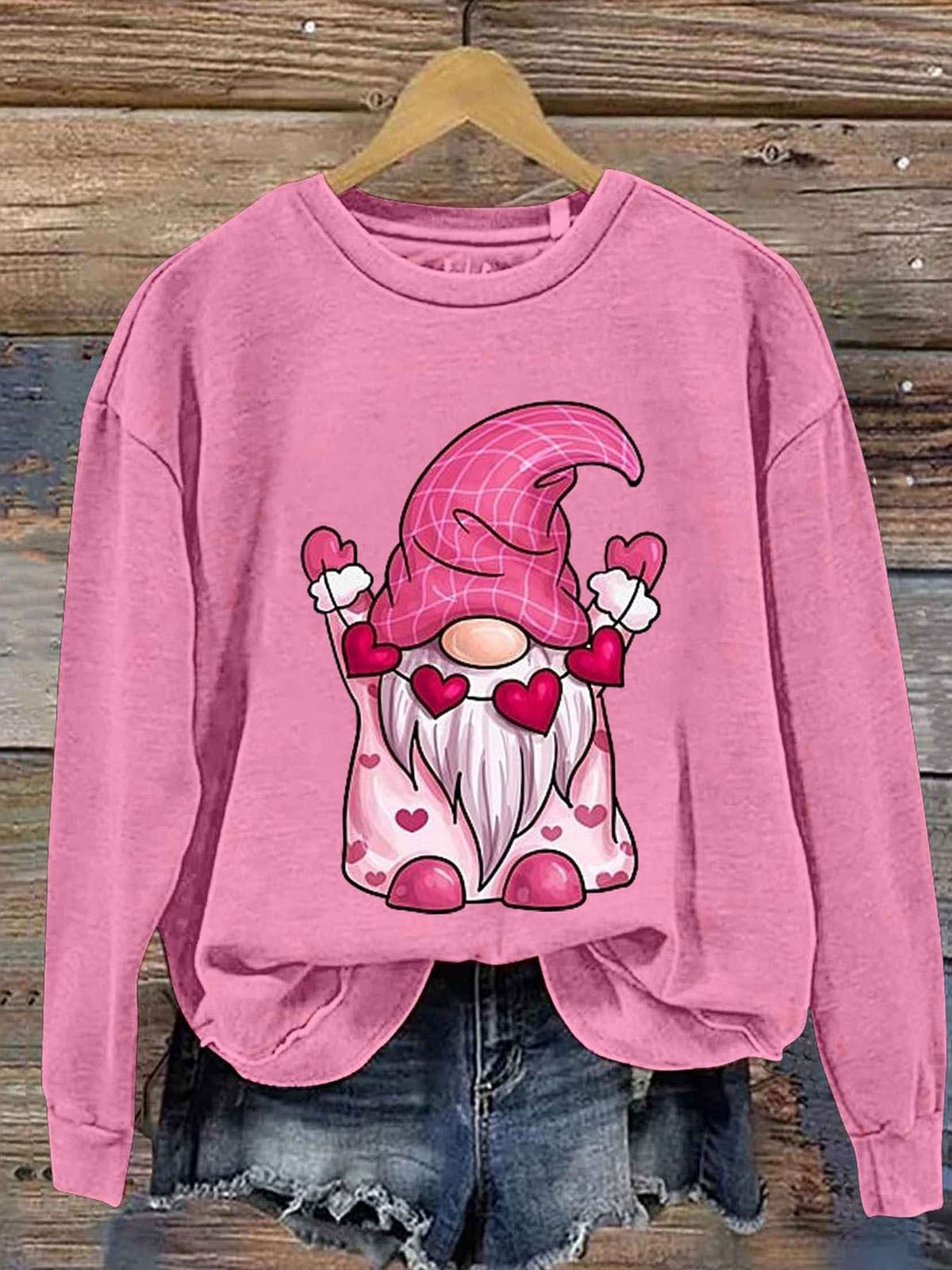 Valentine’s Day Cute Gnome Love Art Women’s Round Neck Long Sleeve Top Pink / S Saint Valentin