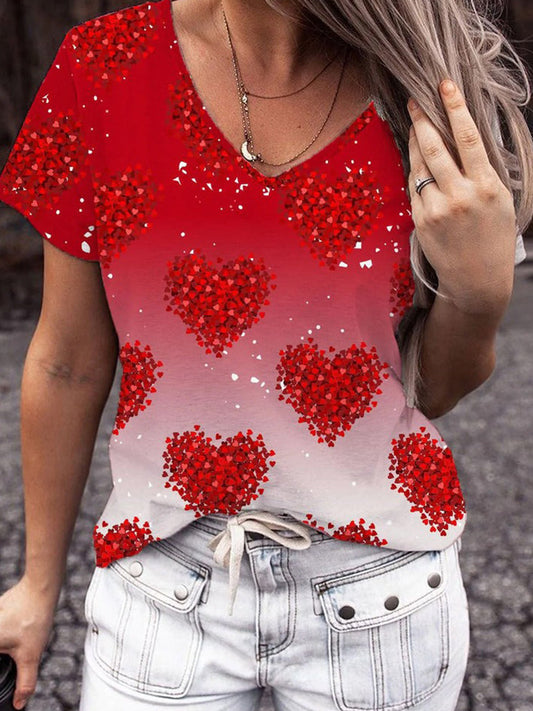 Valentine’s Day Gradient Heart Glitter V-Neck Short Sleeve T-Shirt As Picture / S Saint Valentin