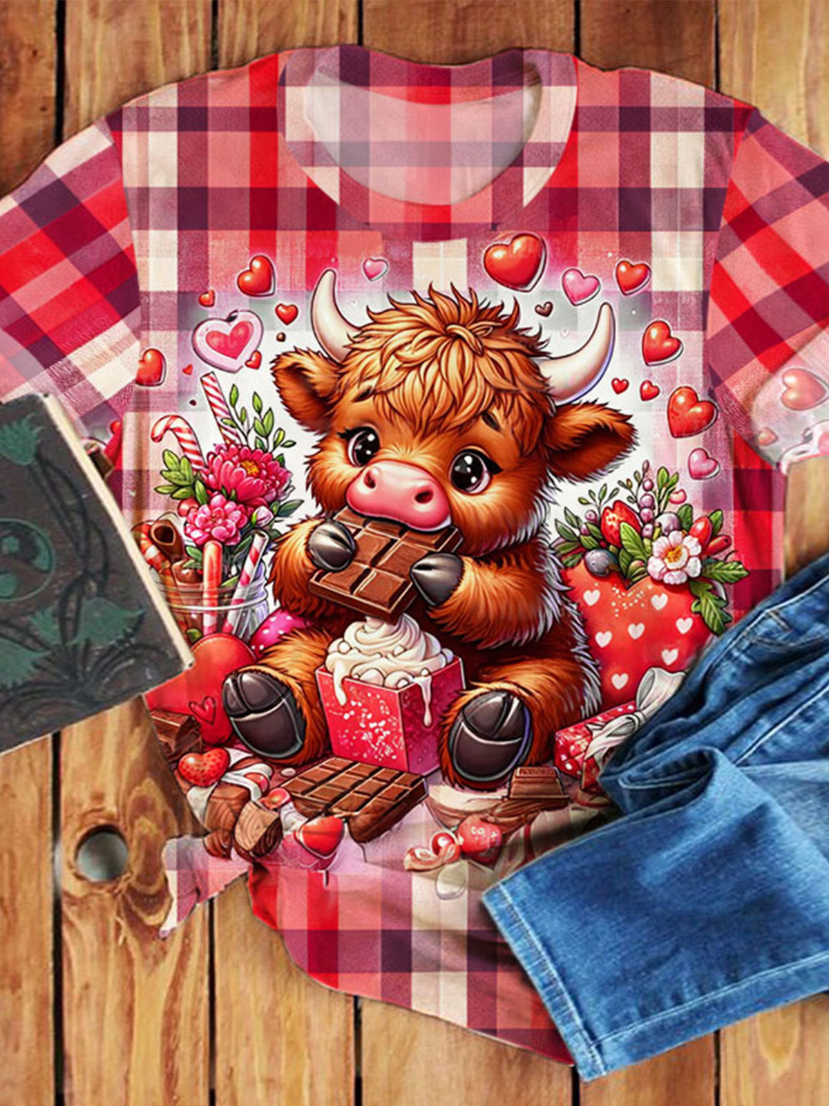Highland Cow Valentine’s Day Print Crew Neck T-shirt Mixed Color / S Saint Valentin