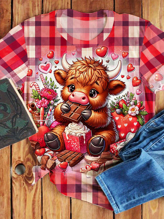 Highland Cow Valentine’s Day Print Crew Neck T-shirt Mixed Color / S Saint Valentin
