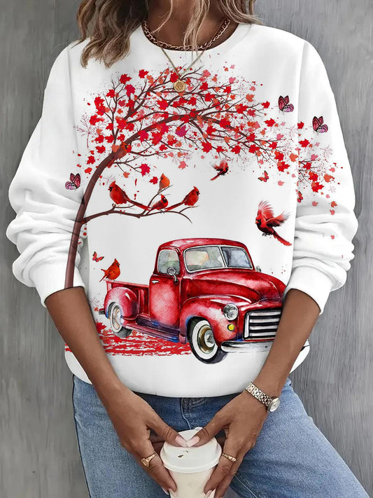 Red Bird Car Round Neck Long Sleeve Top As Picture / S Saint Valentin