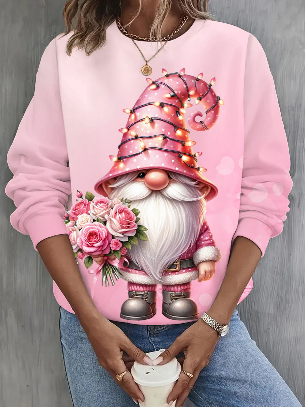 Pink Valentine’s Day Gnome Round Neck Long Sleeve Top multicolor / S Saint Valentin