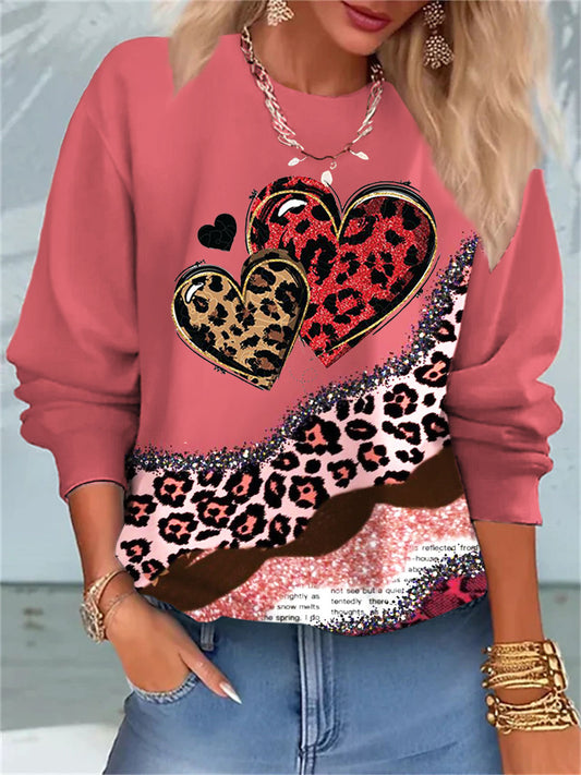 Hearts Leopard Print Round Neck Long Sleeve Top multicolor / S Saint Valentin
