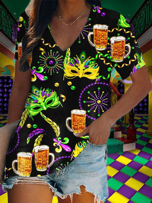 Mardi Gras Print Short Sleeve V Neck Print Top As Picture / S Mardi Gras