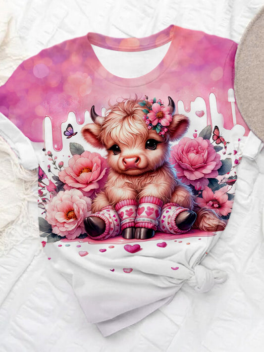 Pink Floral Baby Highland Cow Crew Neck T-shirt Mixed Color / S Saint Valentin