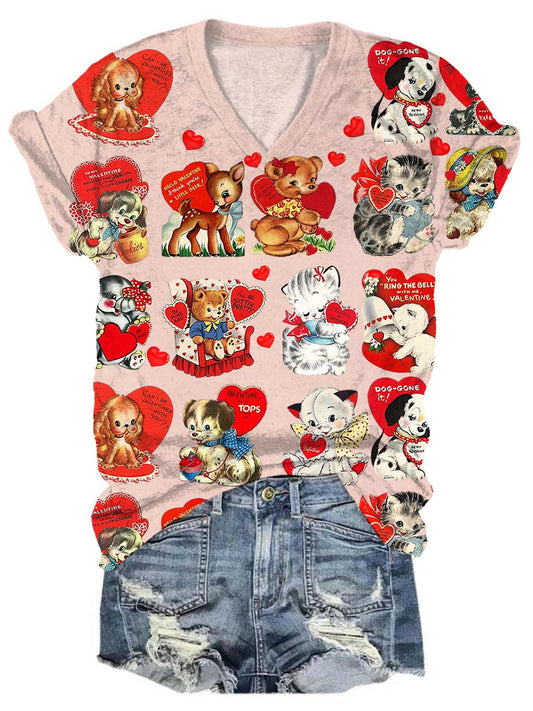 Vintage Valentine Animals V-Neck T-Shirt multicolor / S Saint Valentin