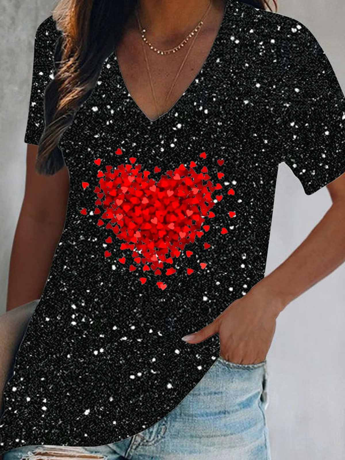 Valentine’s Day Glitter Splatter Heart V-Neck Short Sleeve T-Shirt As Picture / S Saint Valentin