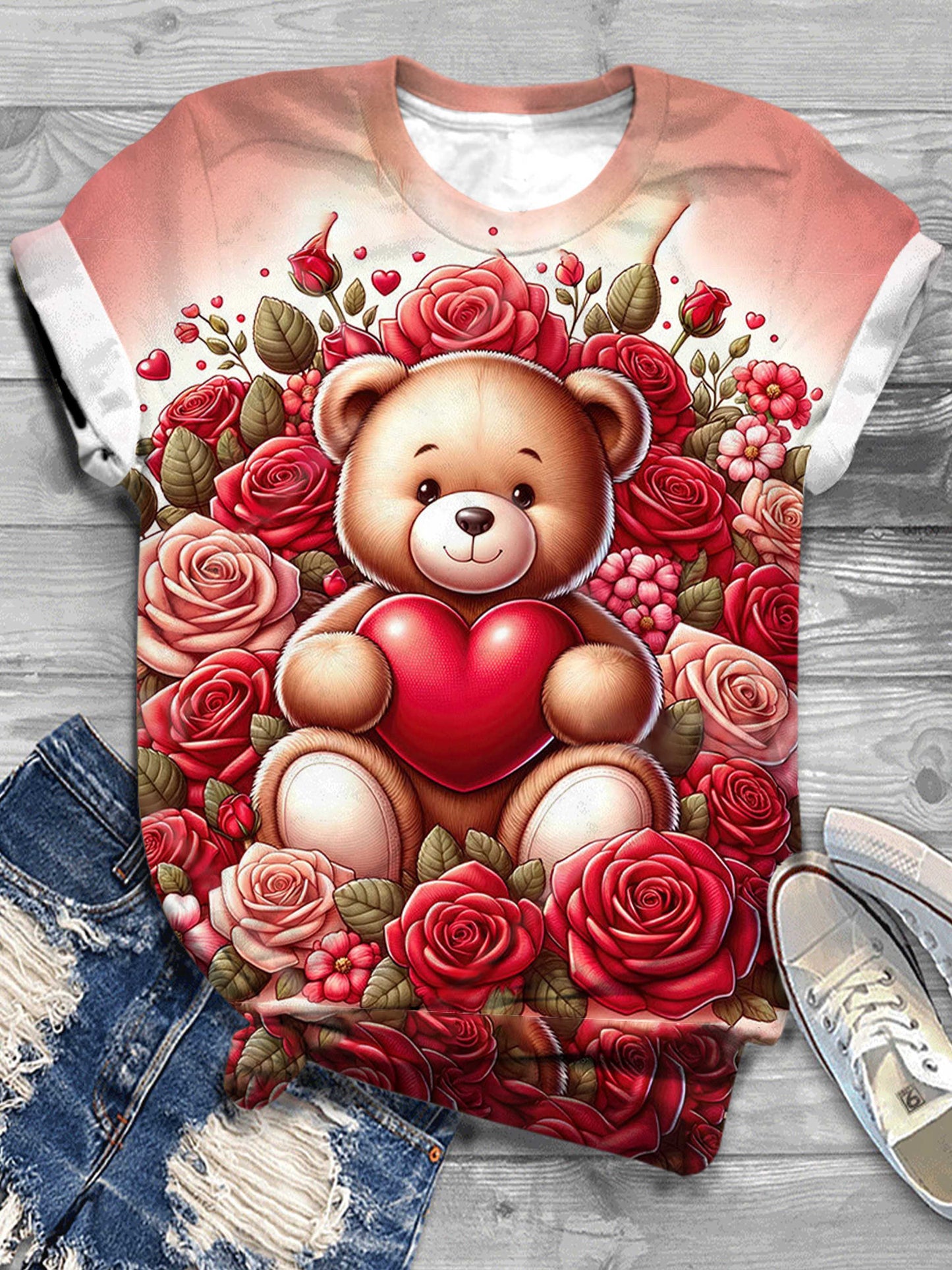 Love Teddy Bear Valentine Print Crew Neck T-Shirt multicolor / S Saint Valentin