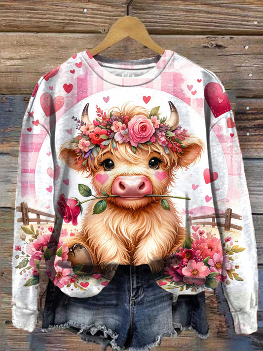 Country Valentine Highland Cow Print Round Neck Long Sleeve Top multicolor / S Saint Valentin
