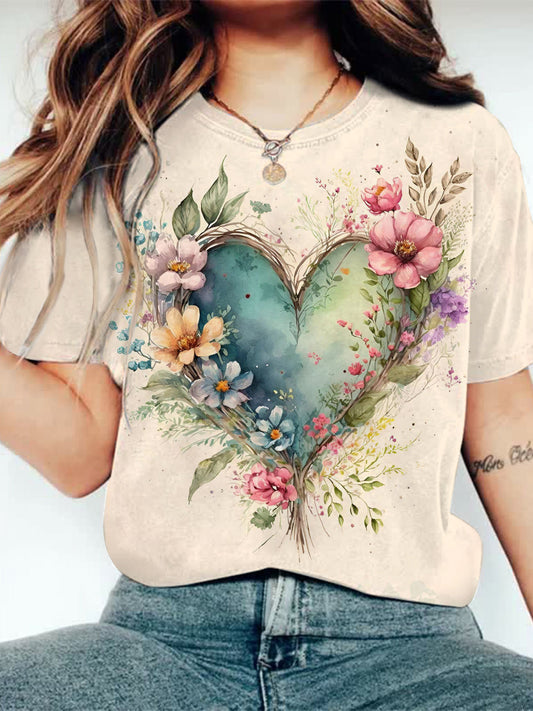 Women’s Heart Roses Flowers Print Crew Neck T-shirt As Picture / S Saint Valentin