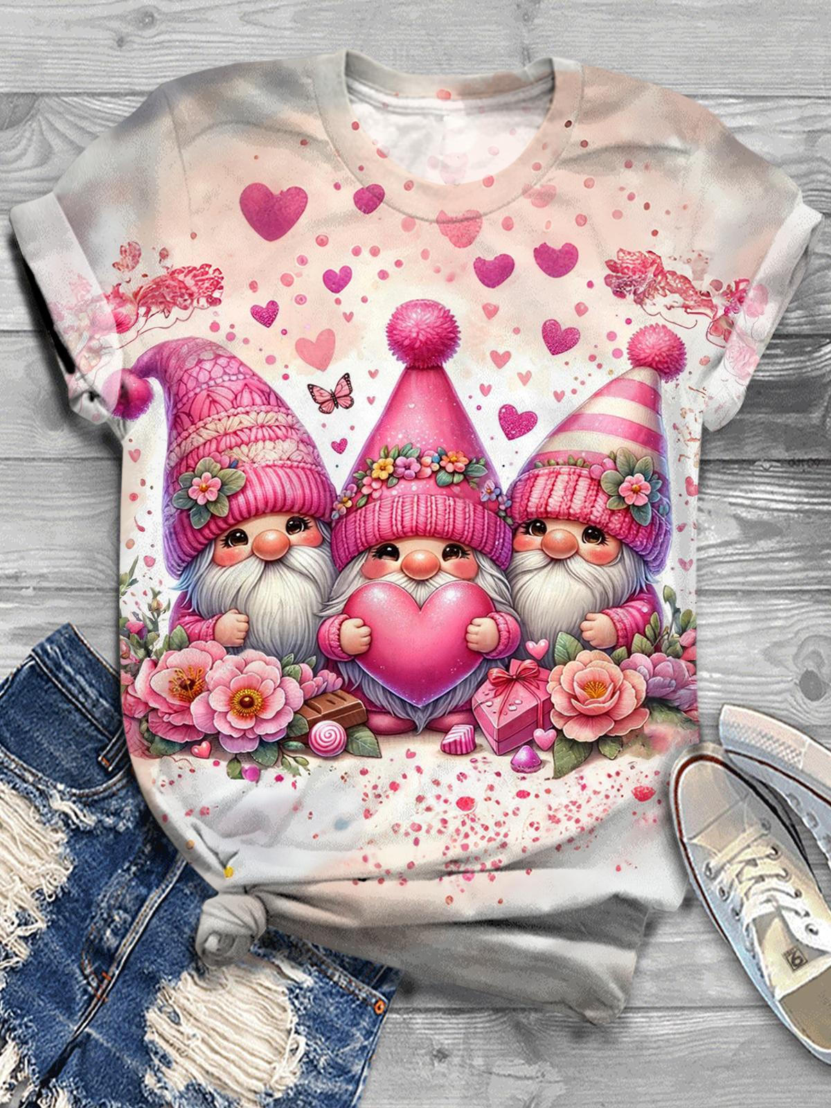 Love Heart Gnomes Crew Neck T-shirt Mixed Color / S Saint Valentin