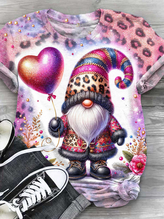 Gnome With Heart Air Balloon Print Crew Neck T-Shirt multicolor / S Saint Valentin