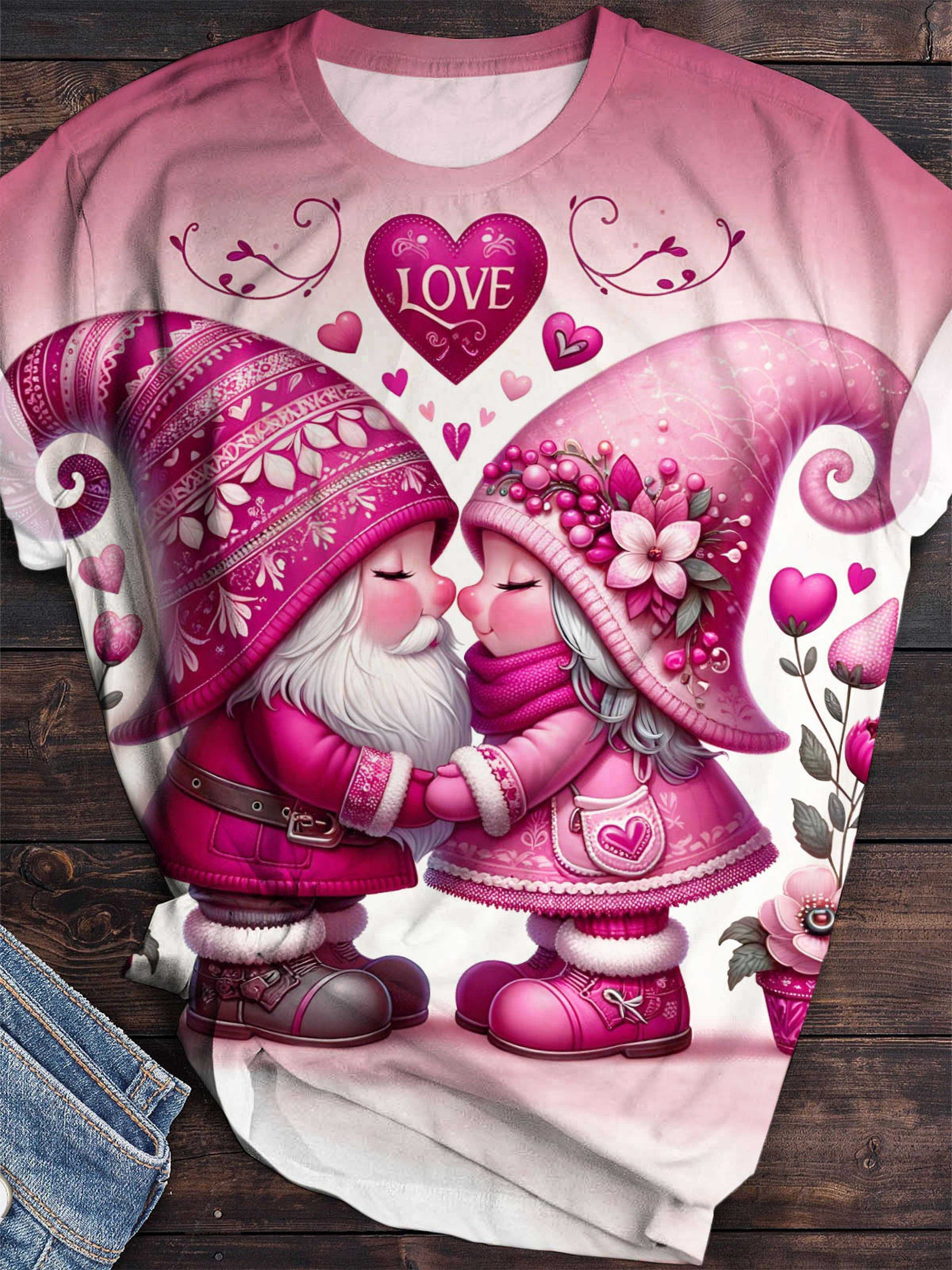 Valentine Love Gnomes Print Crew Neck T-Shirt Rose Pink / S Saint Valentin