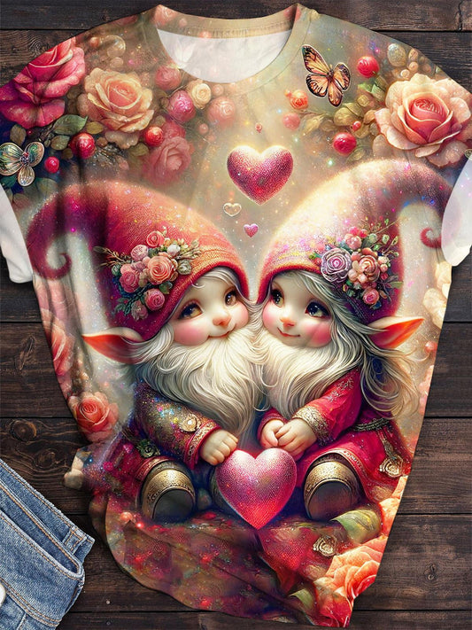 Cute Valentines Gnome Print Crew Neck T-Shirt multicolor / S Saint Valentin