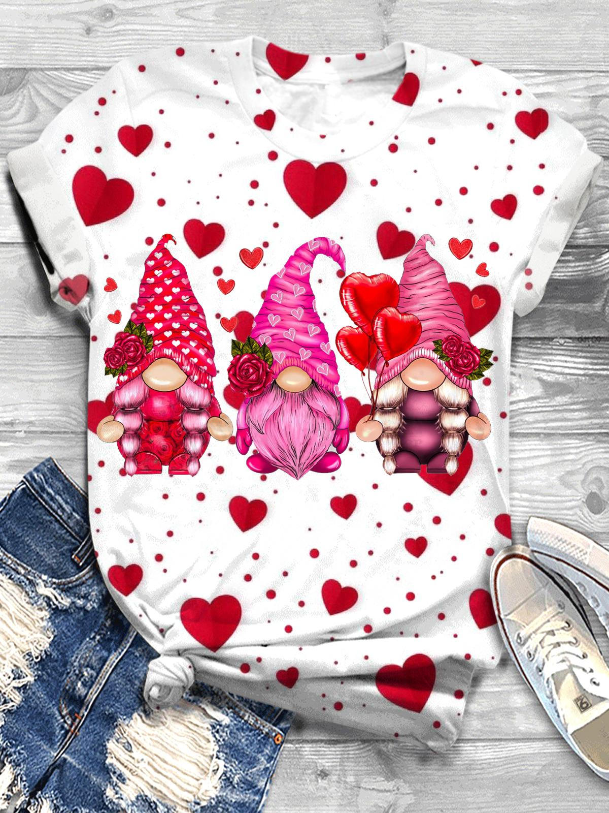 Valentines Day Gnomies Crew Neck T-shirt Mixed Color / S Saint Valentin