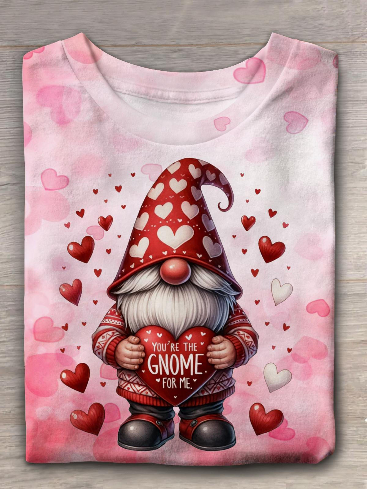 Valentines Gnomes Heart Printed Crew Neck T-shirt Mixed Color / S Saint Valentin