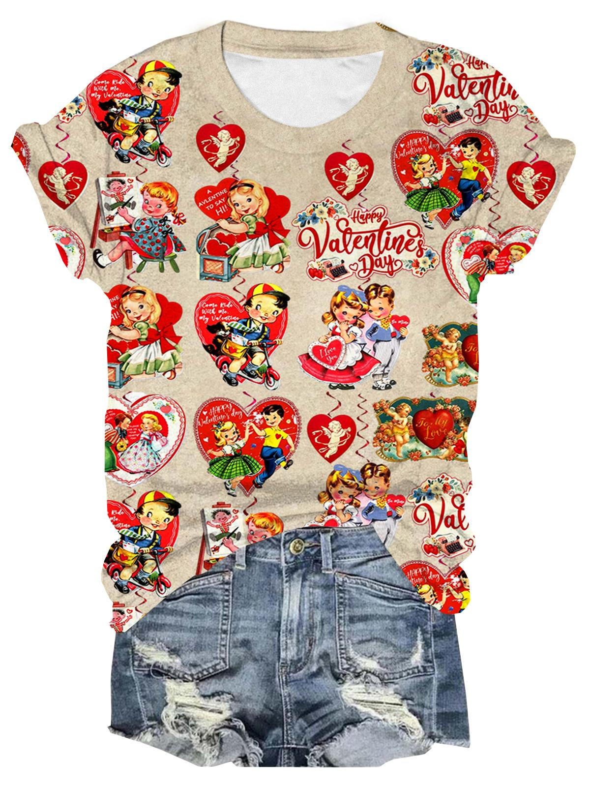 Valentine’s Day Sticker Crew Neck T-shirt Mixed Color / S Saint Valentin