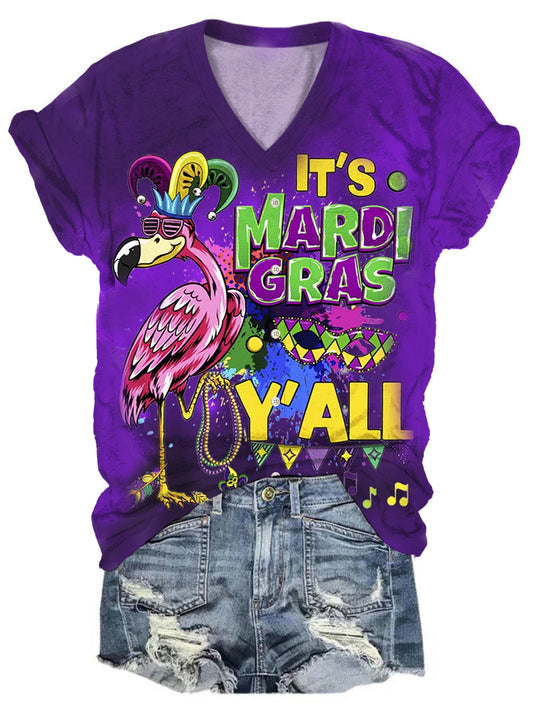 Mardi Gras Print V-Neck Short Sleeve T-Shirt multicolor / S Mardi Gras