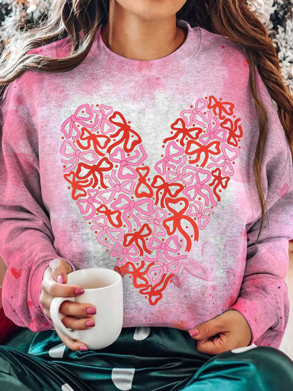 Bow Heart Valentine’s Day Print Long Sleeve Casual Top Mixed Color / S Saint Valentin