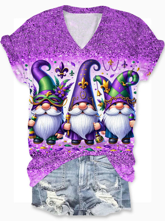Mardi Gras Carnival Gnome Print V-Neck T-Shirt multicolor / S Mardi Gras