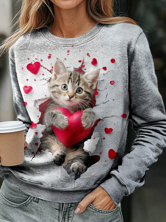 Women’s Cute Kitten Valentine’s Day Long Sleeve Casual Top Mixed Color / S Saint Valentin