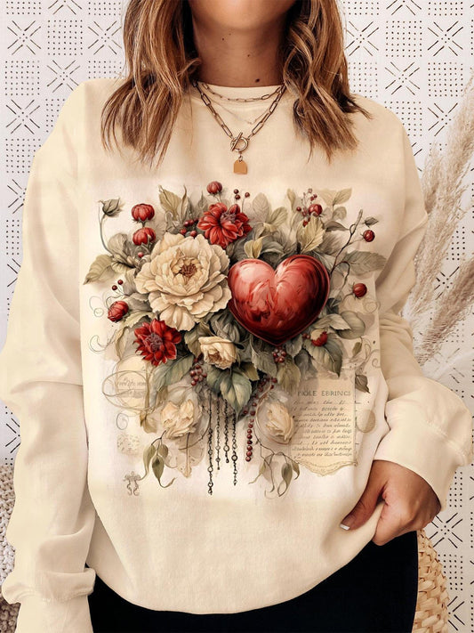 Women’s Vintage Floral Heart Print Round Neck Long Sleeve Top Khaki / S Saint Valentin