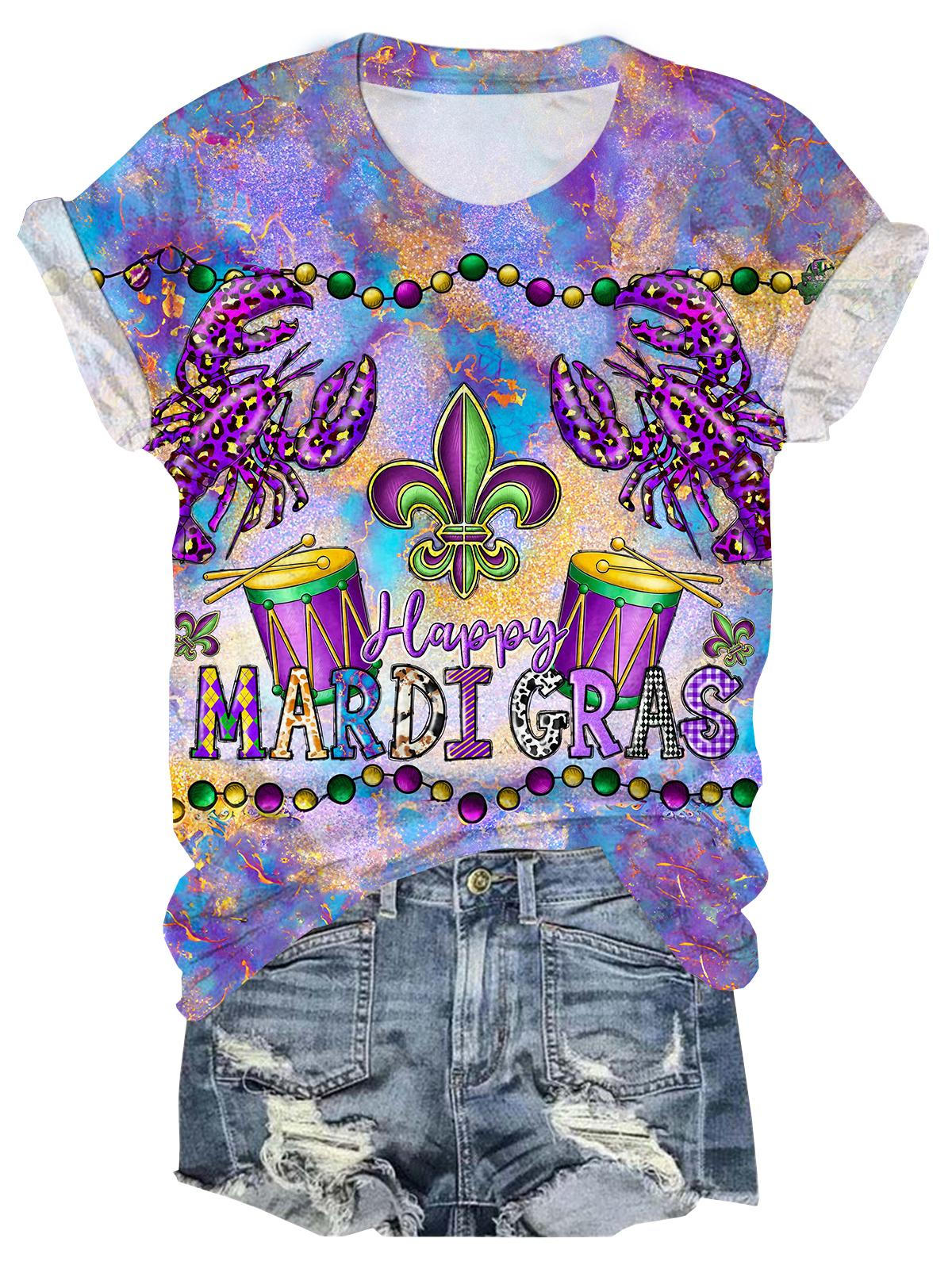 Mardi Gras Print Crew Neck T-shirt As Picture / S Mardi Gras