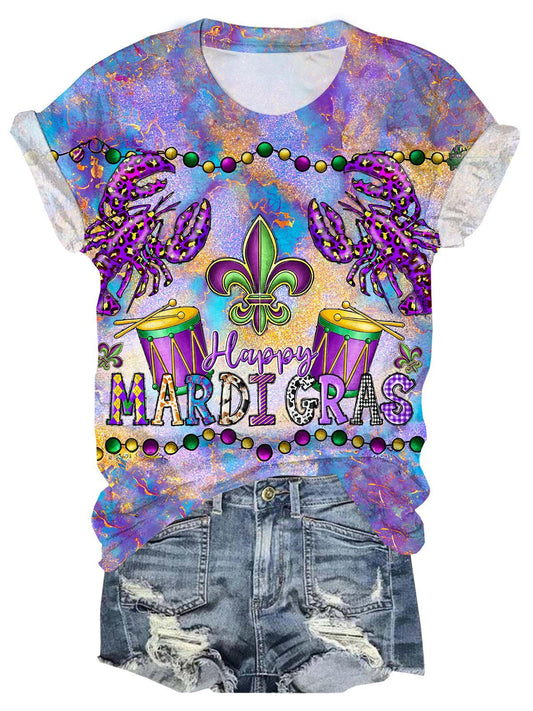Mardi Gras Print Crew Neck T-shirt As Picture / S Mardi Gras
