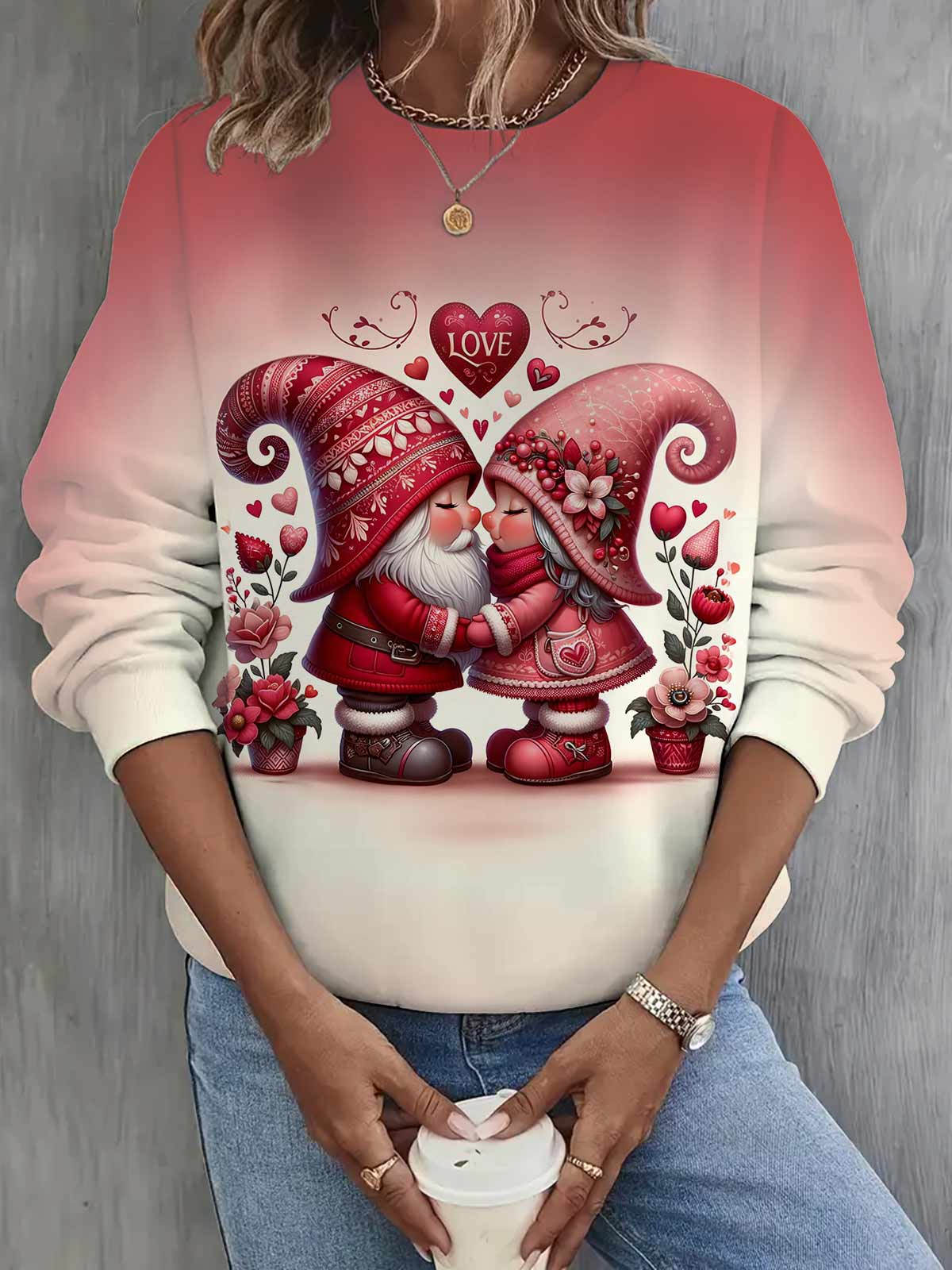 Valentine Love Gnomes Printed Long Sleeve Casual Top Mixed Color / S Saint Valentin