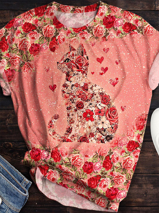 Women’s Retro Rose Kitten Valentine’s Day Print Crew Neck T-shirt Mixed Color / S Saint Valentin