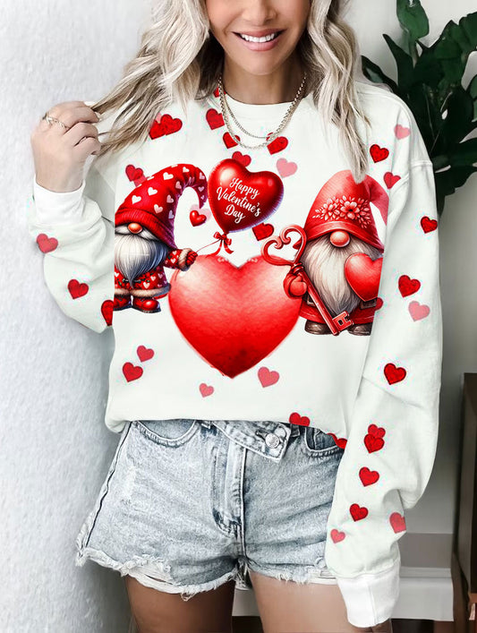 Valentine Heart Gnome Print Round Neck Long Sleeve Top multicolor / S Saint Valentin