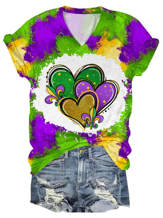 Mardi Gras Heart Tie Dye Print V-Neck T-shirt multicolor / S Mardi Gras